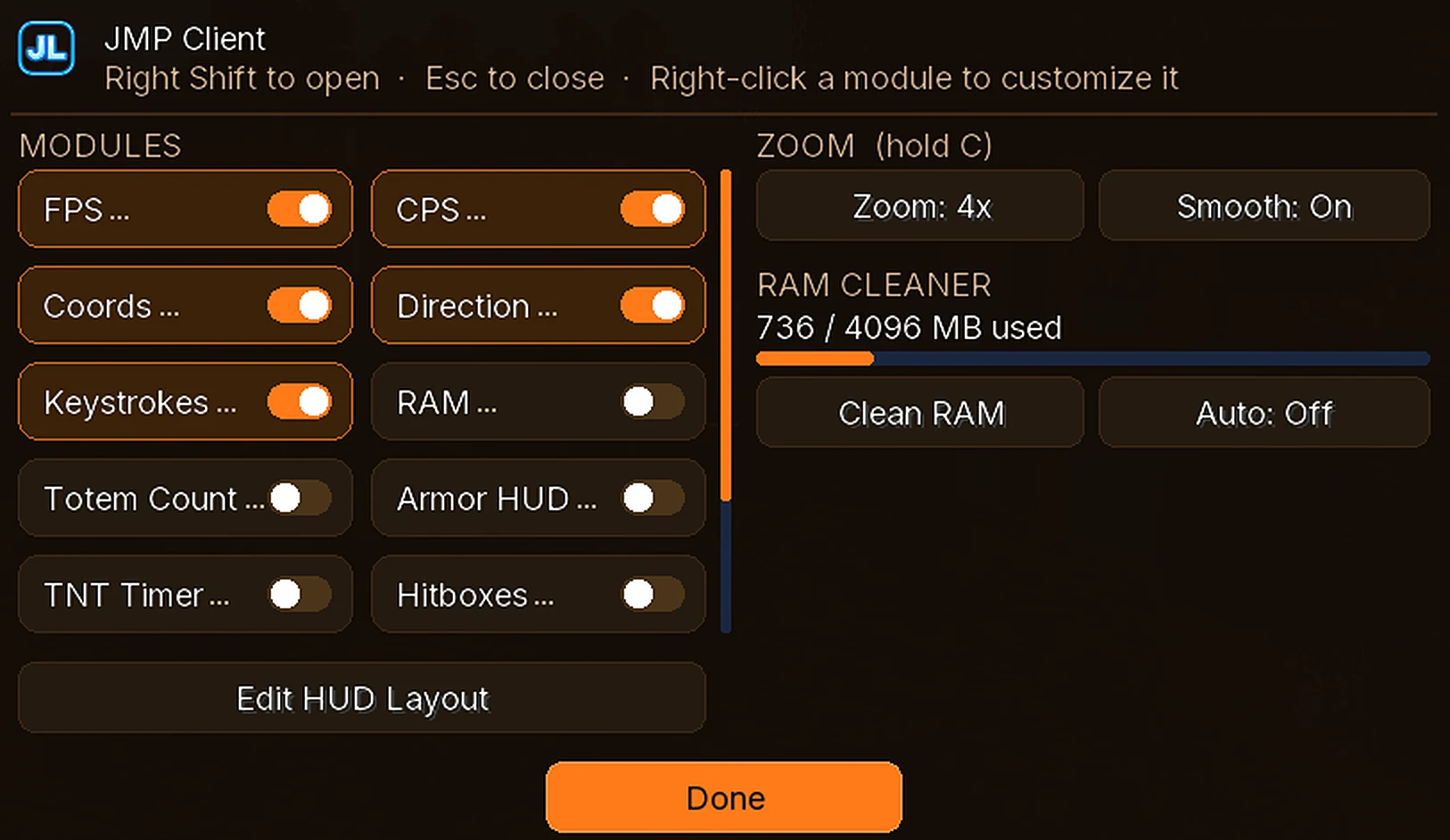 The JMP Client menu with toggles for FPS, CPS, Coords, Direction and Keystrokes, plus zoom and RAM cleaner controls