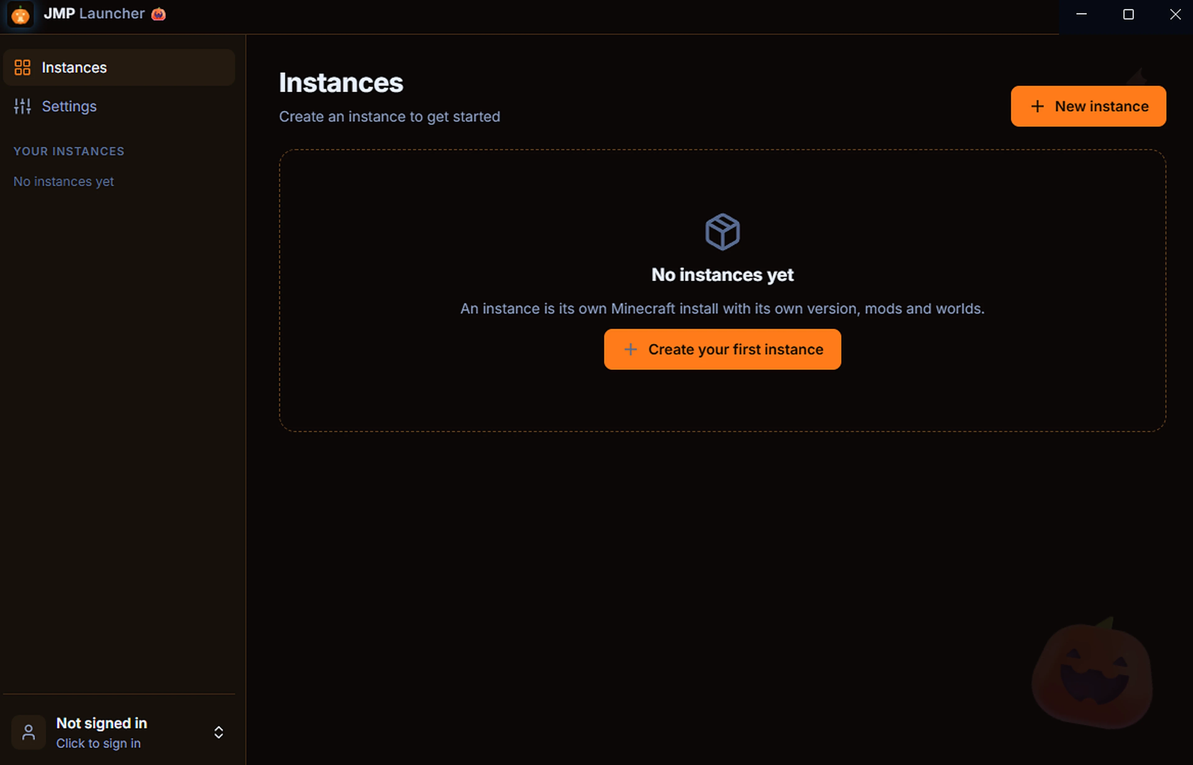 The JMP Launcher Halloween update: the Instances screen with a dark theme, orange buttons and a pumpkin in the corner